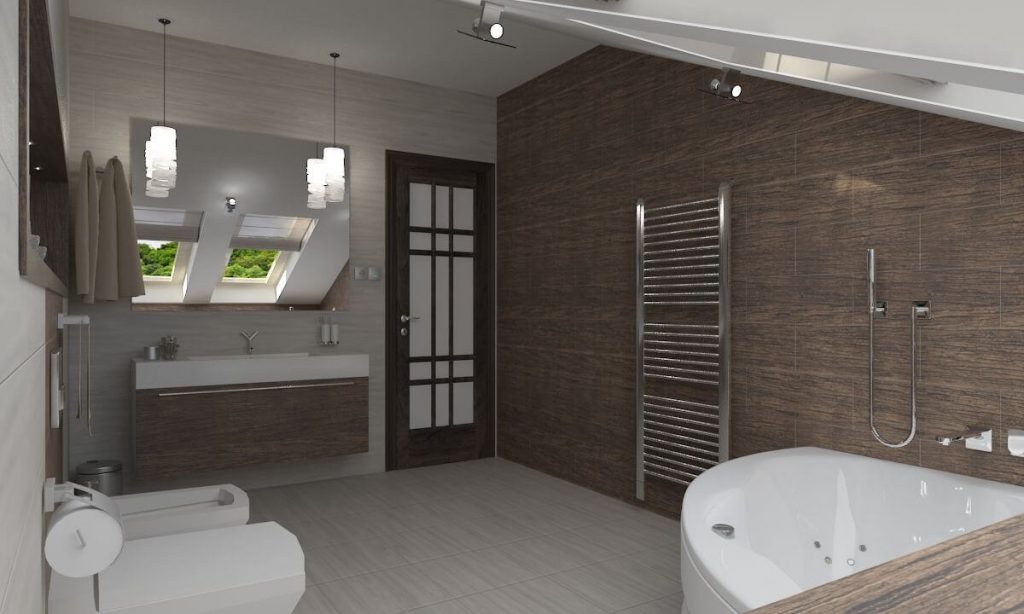Дизайн интерьера мансардной ванной комнаты с кровельным окном