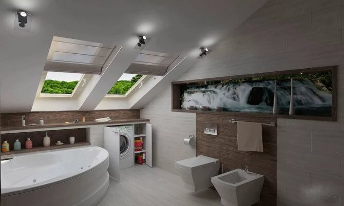 Оформление римскими шторами мансардного окна в ванной комнате частного дома (фото)