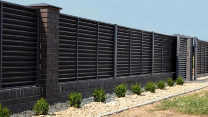 Забор жалюзи из металлических планок с кирпичными столбиками